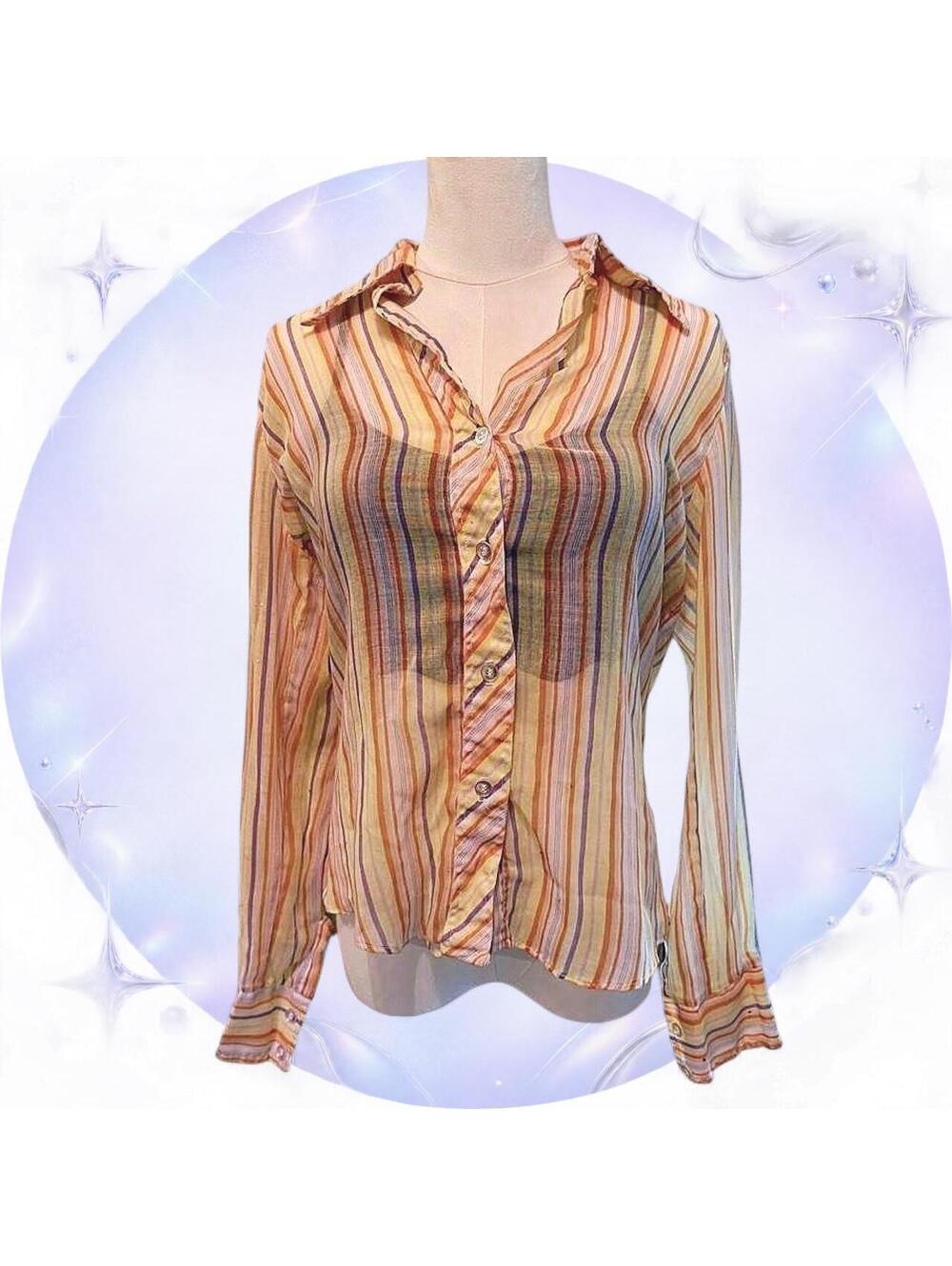 Vintage JCPenney Pastel Striped Mesh Blouse Retro 70s Y2K Orange Multi 12